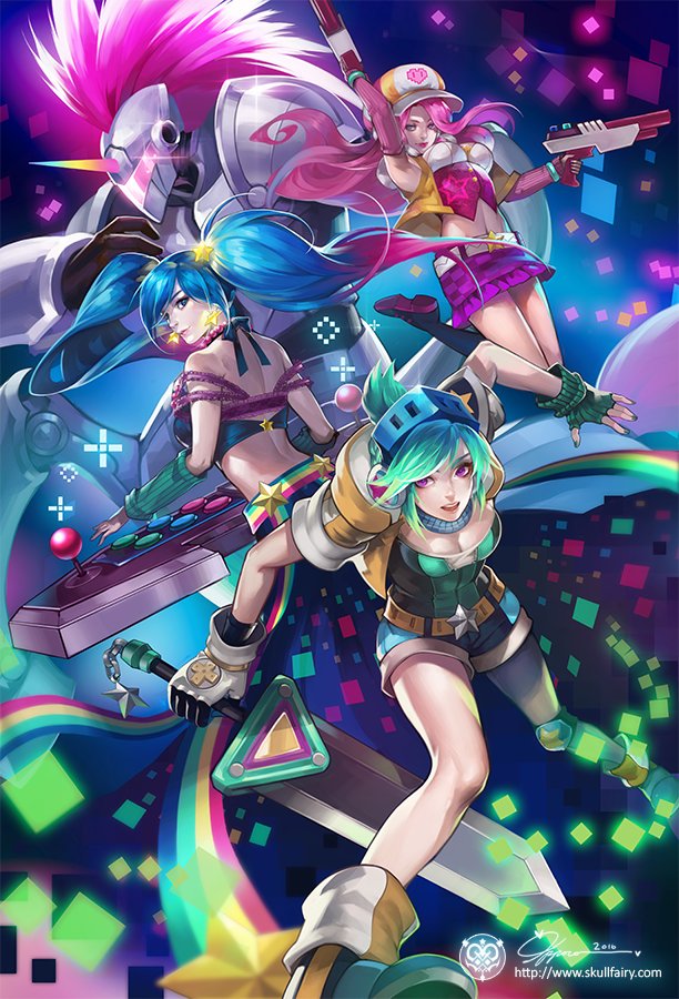 alternate_costume arcade_hecarim arcade_miss_fortune arcade_riven arcade_sona arcade_stick blue_hair collection controller dual_wielding energy_gun game_controller green_hair gun handgun hat hecarim helmet holding joystick league_of_legends multiple_girls na_young_lee pink_hair pistol ray_gun riven_(league_of_legends) sarah_fortune shorts skirt sona_buvelle sword weapon