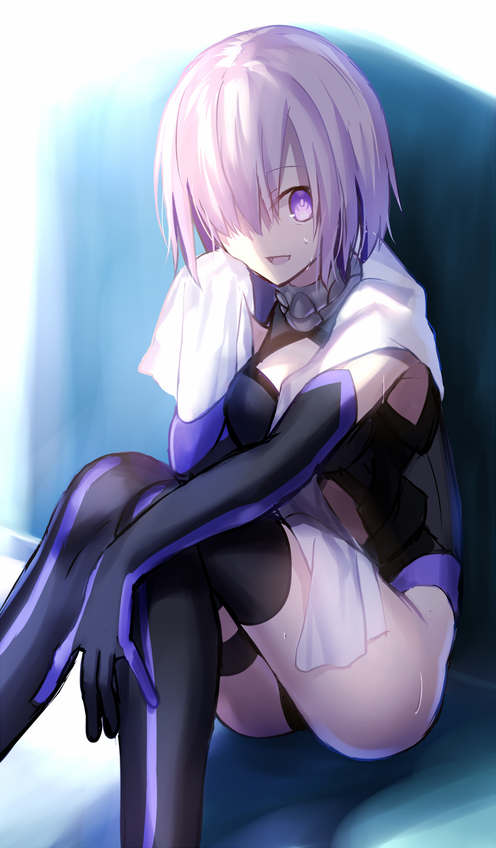 breasts elbow_gloves fate/grand_order fate_(series) gloves hair_over_one_eye large_breasts leotard long_legs looking_at_viewer mash_kyrielight md5_mismatch purple_eyes purple_hair shinooji short_hair sitting solo sweat thighhighs towel