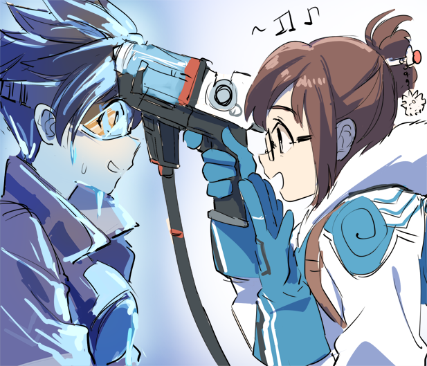 akni at_gunpoint bangs beads beamed_eighth_notes blue_gloves bodysuit bomber_jacket brown_hair brown_jacket coat eighth_note frozen fur glasses gloves goggles gun gun_to_head hair_bun hair_ornament hair_stick holding holding_gun holding_weapon jacket leather leather_jacket long_sleeves looking_at_another mei_(overwatch) multiple_girls musical_note overwatch pointing short_hair sidelocks smile spiked_hair sweatdrop threat tracer_(overwatch) upper_body weapon wide-eyed