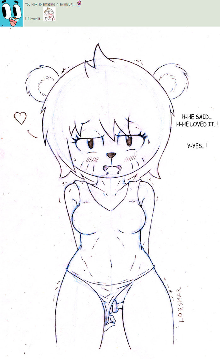 &lt;3 bear bedroom_eyes bikini blush breasts cartoon_network clothed clothing cum dialogue drooling english_text female fingering fingering_self fur gumball_watterson hair half-closed_eyes looking_at_viewer mammal masturbation motion_lines open_mouth penetration pussy saliva seductive shaking simple_background solo standing sweat swimsuit teri text the_amazing_world_of_gumball tongue trembling ultama_lokshar_(artist) vaginal vaginal_fingering