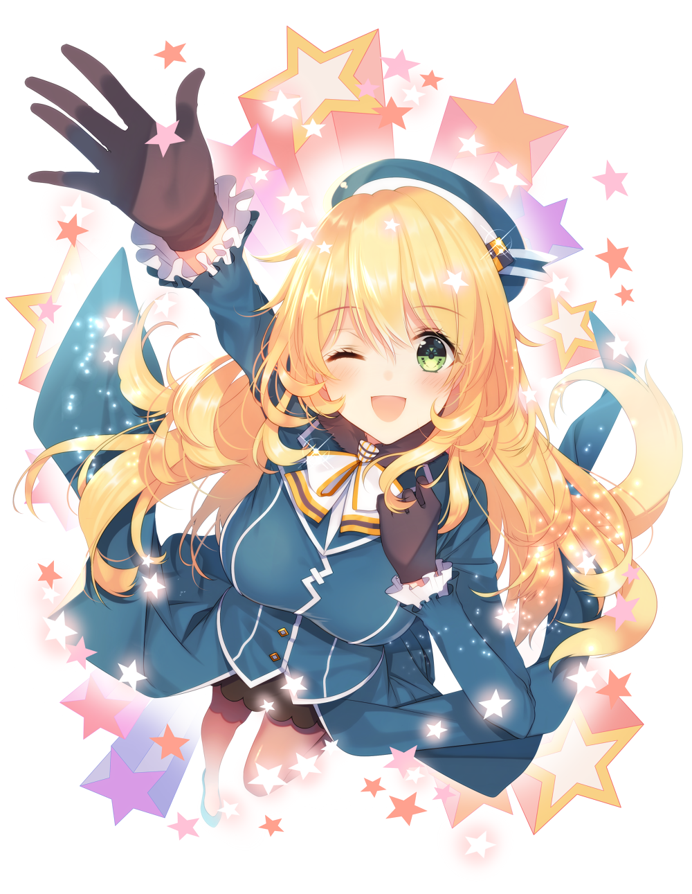 ;d arm_up atago_(kantai_collection) bad_id bad_pixiv_id beret black_gloves black_legwear black_skirt blonde_hair blue_hat blush bow bowtie breasts buttons eyebrows eyebrows_visible_through_hair forest frilled_sleeves frills from_above full_body fur_collar gloves green_eyes hand_on_own_chest hat highres kantai_collection large_breasts long_hair long_sleeves military nature necomi one_eye_closed open_mouth pantyhose revision simple_background skirt smile solo standing star tareme white_background white_bow white_neckwear