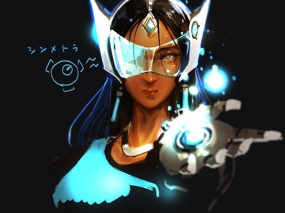 bad_id bad_twitter_id black_hair dark_skin face forehead_jewel headgear jewelry lips long_hair looking_at_viewer mechanical_arm necklace orb overwatch solo symmetra_(overwatch) visor yellow_eyes