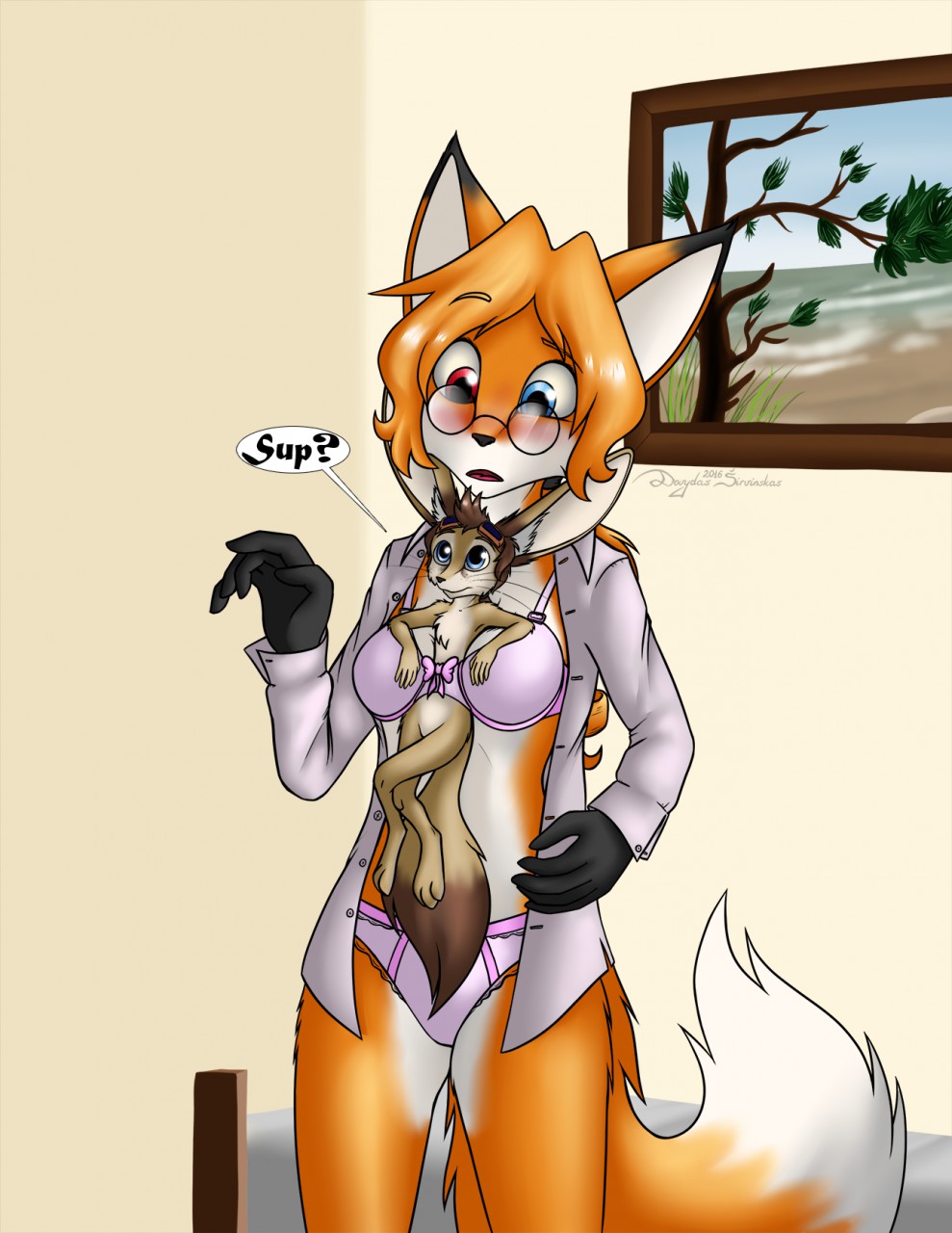 2016 amber_(mancoin) ambiguous_gender anthro between_breasts big_ears black_fur black_nose blue_eyes bra breasts brown_fur brown_hair canine chest_tuft clothed clothing crossed_legs cute dialogue dipstick_tail duo english_text eyewear female fennec fox fur glasses goggles hair hand_on_breast heterochromia hi_res inner_ear_fluff inside larger_female mammal mancoin multicolored_tail nude open_mouth open_shirt orange_fur orange_hair panties playfennec_(mancoin) portrait red_eyes shirt signature size_difference smile speech_bubble surprise text tuft underwear