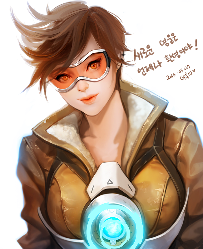 2016 bangs bodysuit bomber_jacket brown_hair brown_jacket dated earrings goggles harness jacket jewelry korean leather leather_jacket light_smile lips lipstick long_sleeves looking_at_viewer makeup orange_bodysuit overwatch short_hair simple_background smile solo spiked_hair tracer_(overwatch) translation_request upper_body white_background yang_hm