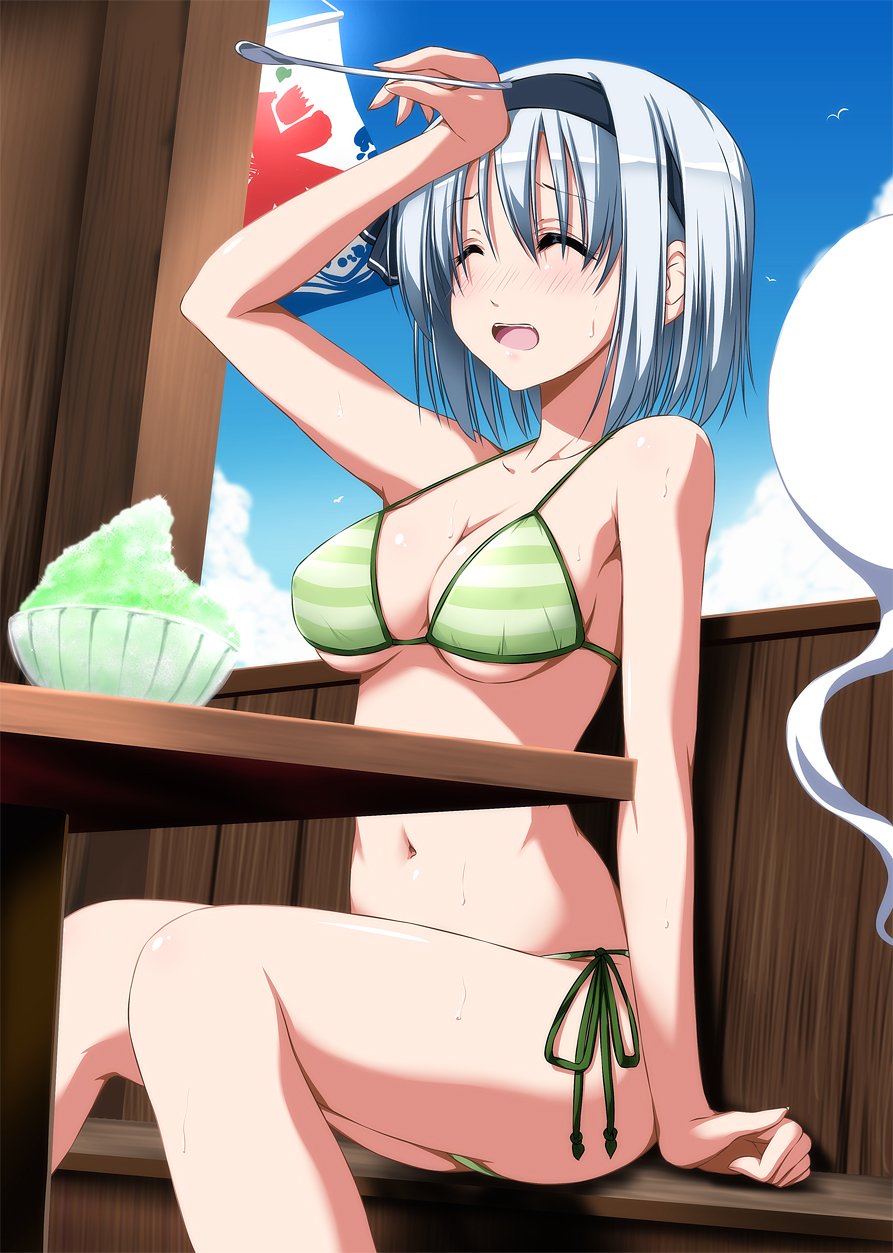 animal arm_at_side arm_up bare_arms bare_legs bare_shoulders bikini bird black_hairband blue_sky blush bowl brain_freeze breasts cleavage closed_mouth collarbone curtains day eyebrows eyebrows_visible_through_hair flag food frown ghost green_bikini hairband highres hitodama holding indoors konpaku_youmu konpaku_youmu_(ghost) large_breasts navel nori_tamago seat shaved_ice short_hair silver_hair sitting sky solo stomach striped striped_bikini sweat swimsuit table touhou wiping_face