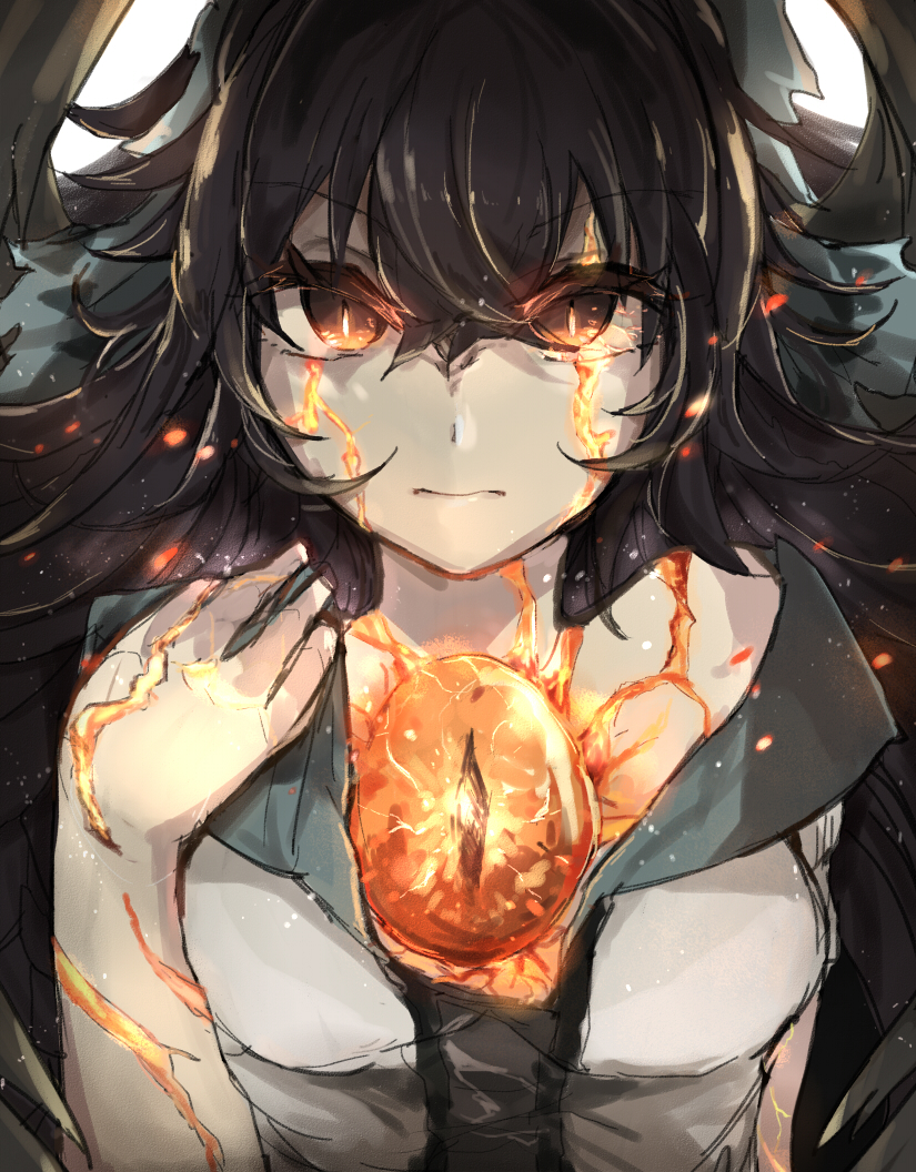 bad_id bad_pixiv_id banned_artist bird_wings black_hair black_wings bow closed_mouth commentary_request eyelashes hair_bow long_hair red_eyes reiuji_utsuho short_sleeves solo third_eye touhou wings zairen