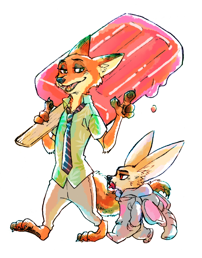 artist_request carrying disney elephant_costume finnick_(zootopia) fox furry hands_in_pockets necktie nick_wilde no_humans oversized pacifier popsicle simple_background walking white_background zootopia