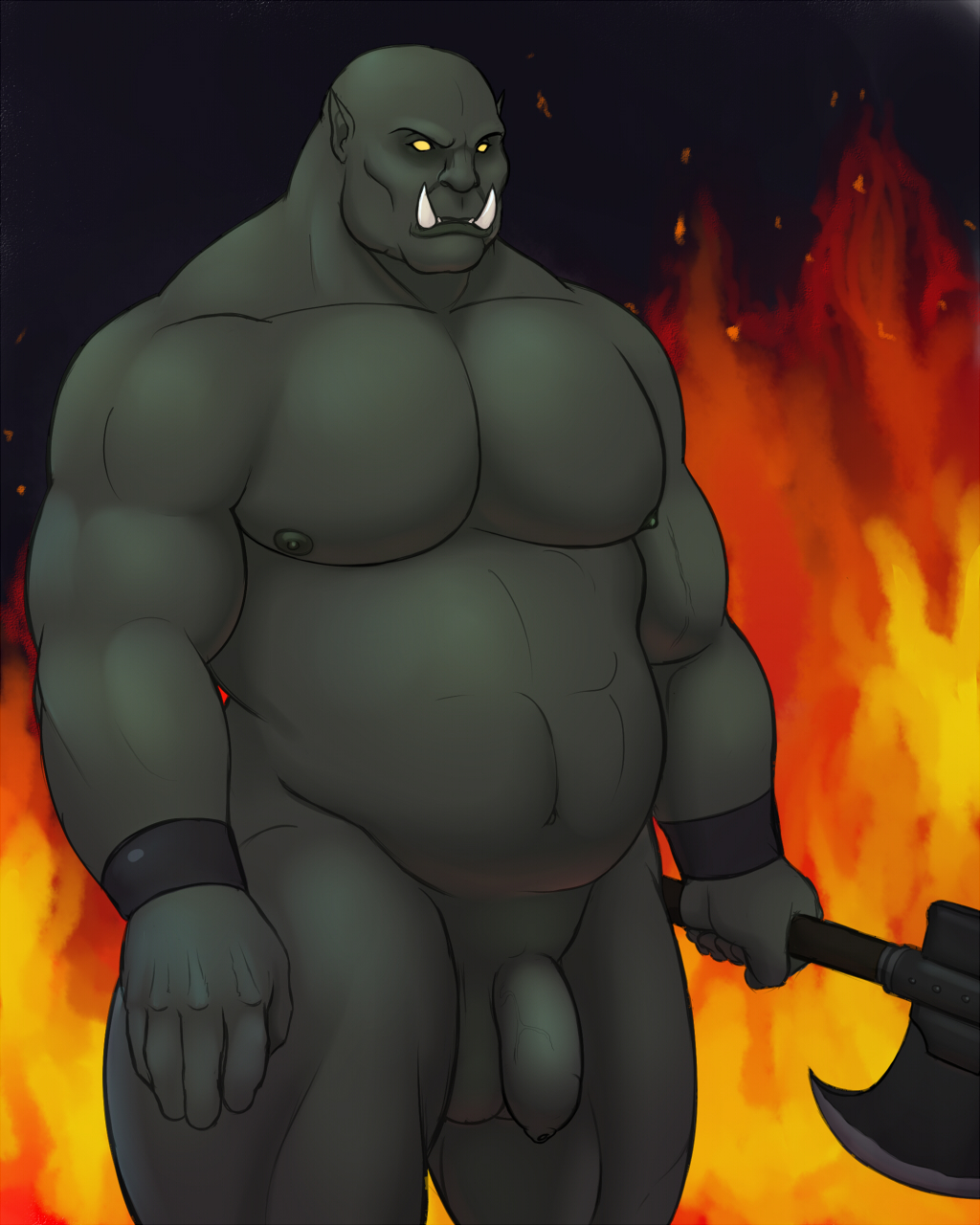 2013 axe balls biceps big_muscles burning fire hi_res humanoid male melee_weapon musclechub musclegut muscular nipples not_furry nude orc pecs penis slightly_chubby solo standing tusks vamplust weapon wristband yellow_eyes