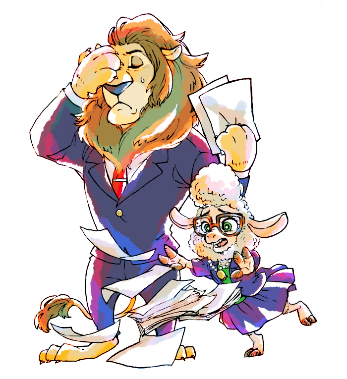dawn_bellwether disney facepalm furry glasses green_eyes jewelry lamb lion mayor_lionheart necklace paper suit zootopia