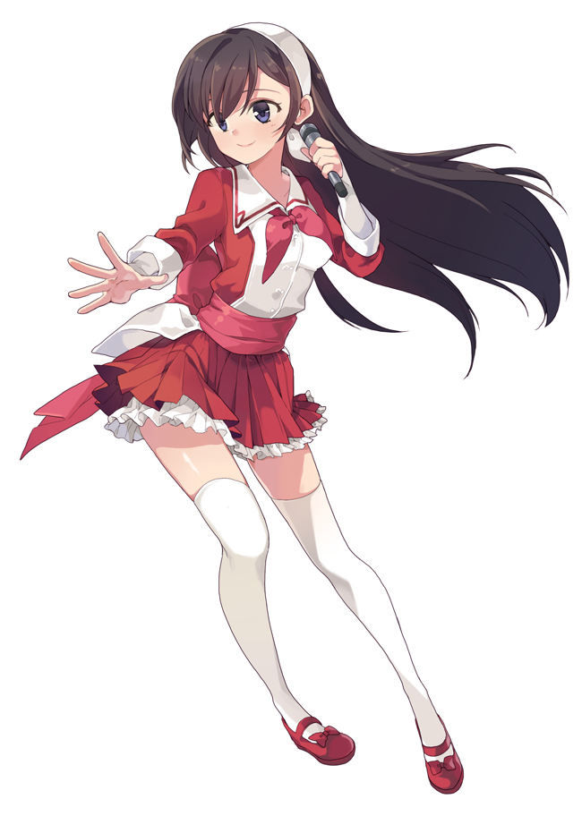 adcd black_hair blue_eyes bow bowtie collarbone eyebrows frilled_skirt frills full_body hairband holding holding_microphone long_hair long_sleeves mary_janes microphone miniskirt morikawa_yuki outstretched_hand sash shoes simple_background skirt smile solo thighhighs white_album white_background white_legwear zettai_ryouiki