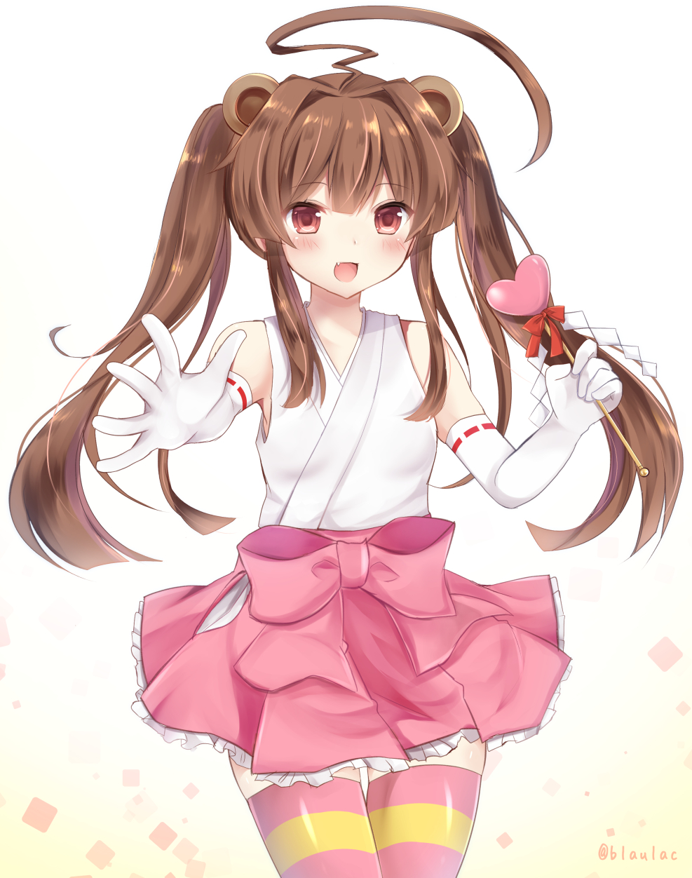 :d ahoge alternate_costume alternate_hairstyle amayadori_machi amayadori_machi_(cosplay) animal_ears bad_id bad_pixiv_id bare_shoulders bear_ears bear_girl brown_eyes brown_hair cosplay detached_sleeves fake_animal_ears fang gloves heart highres kantai_collection kuma_(kantai_collection) kumamiko long_hair masayo_(gin_no_ame) open_mouth outfit_2_(kumamiko) pun skirt smile solo striped striped_legwear thighhighs twintails twitter_username white_gloves