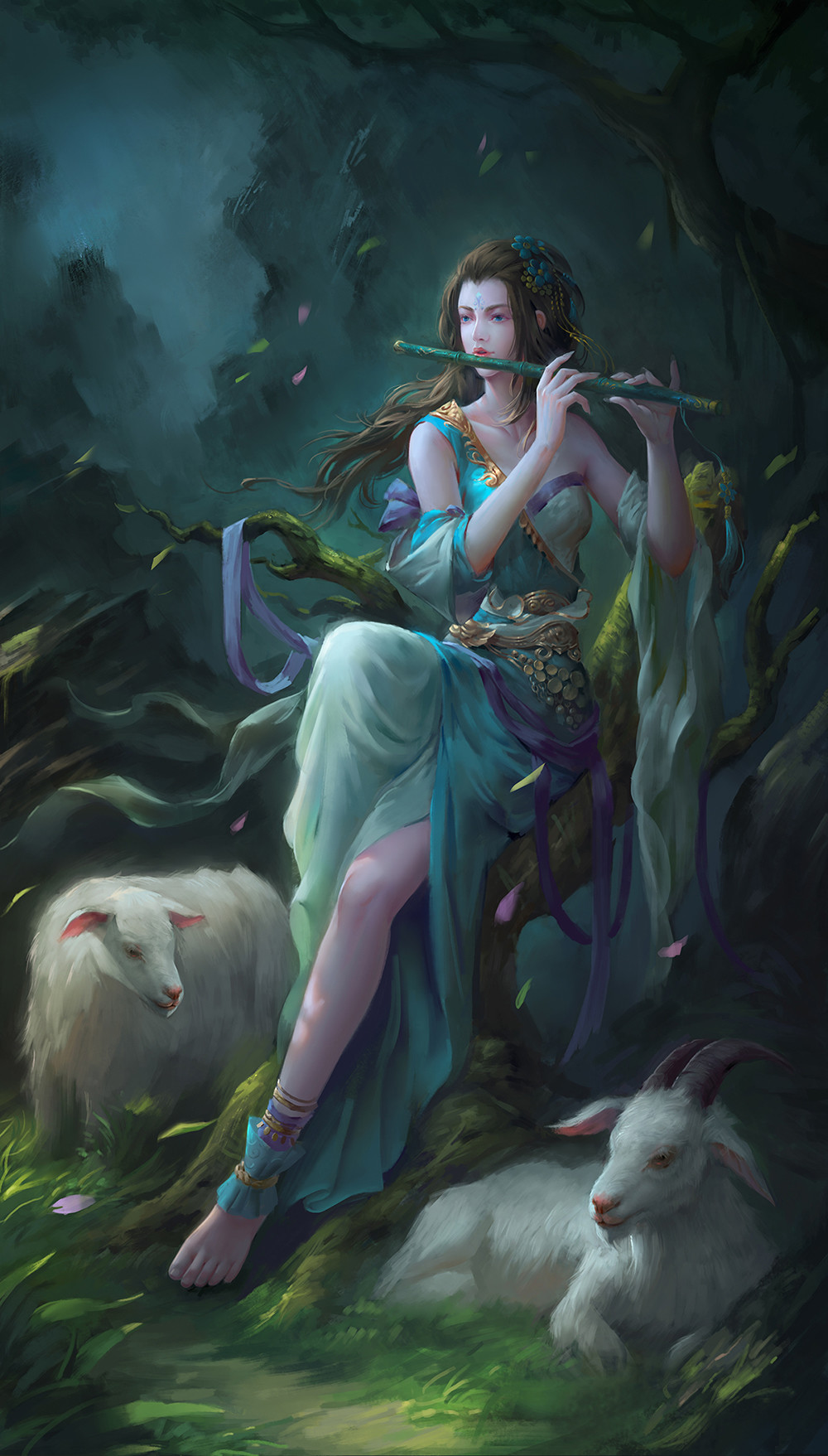 animal ankle_wrap anklet artstation_sample barefoot blue_eyes brown_hair collarbone facial_mark flute forehead_mark goat highres image_sample instrument jewelry lips long_hair music original outdoors playing_instrument pursed_lips sitting solo wenfei_ye