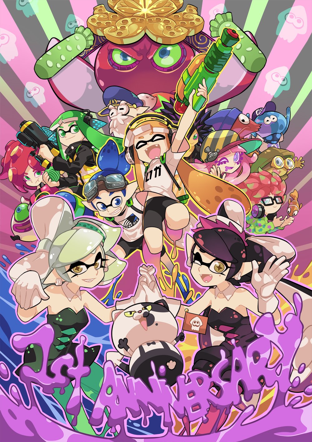 6+girls anemo_(splatoon) anniversary aori_(splatoon) blue_eyes bukichi_(splatoon) burst_bomb_(splatoon) collar commander_atarime cousins daunii_(splatoon) dj_takowasa dress earrings echizen_(splatoon) flag goggles goggles_on_head green_eyes hands_together hat headphones hero_shot_(splatoon) highres hotaru_(splatoon) ink_tank_(splatoon) inkling jajji-kun_(splatoon) jellyfish jewelry kumano_(splatoon) logo multiple_boys multiple_girls octarian octoball paruko_(splatoon) rob_(splatoon) shrimp splatoon_(series) splatoon_1 splattershot_(splatoon) squidbeak_splatoon takozonesu tentacle_hair tentacles wong_ying_chee yellow_eyes