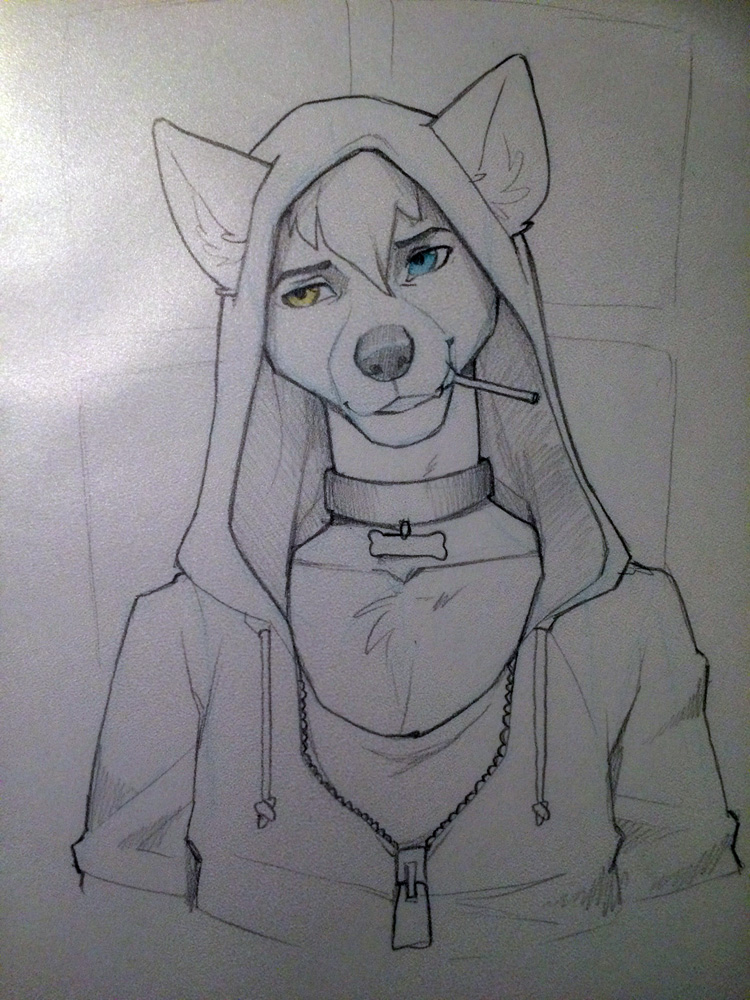2015 ambiguous_gender black_nose blue_eyes bone canine chest_tuft clothed clothing collar eyebrows fur hair hoodie inner_ear_fluff lolly looking_away mammal simple_background sketch solo traditional_media_(artwork) tuft white_sclera wolf wolfy-nail yellow_eyes zipper