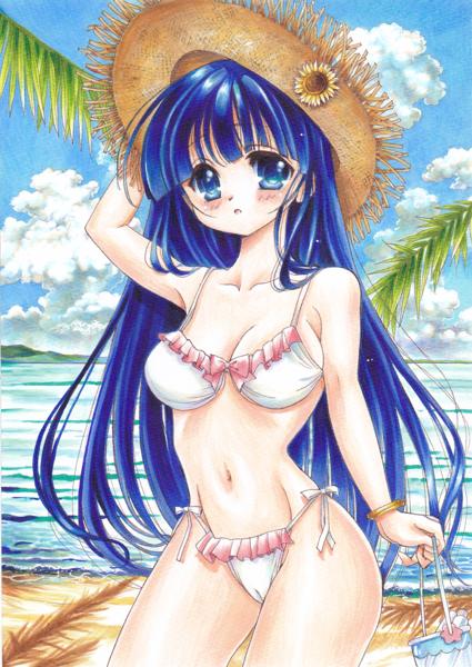 beach bikini blue_eyes blue_hair cameltoe cloud day hat kusakabe_yuuki_(to_heart_2) long_hair sun_hat swimsuit to_heart_2 tomoeri traditional_media