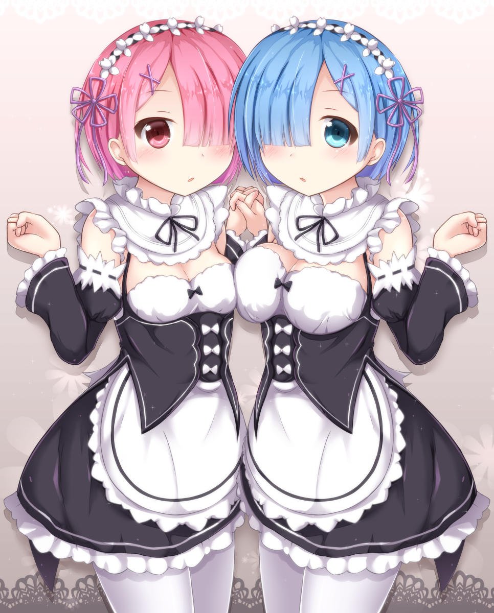 :o apron asymmetrical_docking black_dress blue_eyes blue_hair blush breast_press breasts cleavage cowboy_shot detached_collar detached_sleeves dress frills hair_ornament hair_over_one_eye hair_ribbon hairband highres holding_hands interlocked_fingers large_breasts looking_at_viewer maid multiple_girls mumu_(mumunyan) pantyhose parted_lips pink_hair pink_ribbon ram_(re:zero) re:zero_kara_hajimeru_isekai_seikatsu red_ribbon rem_(re:zero) ribbon ribbon-trimmed_sleeves ribbon_trim short_hair siblings sisters standing symmetrical_pose twins waist_apron white_apron white_legwear x_hair_ornament