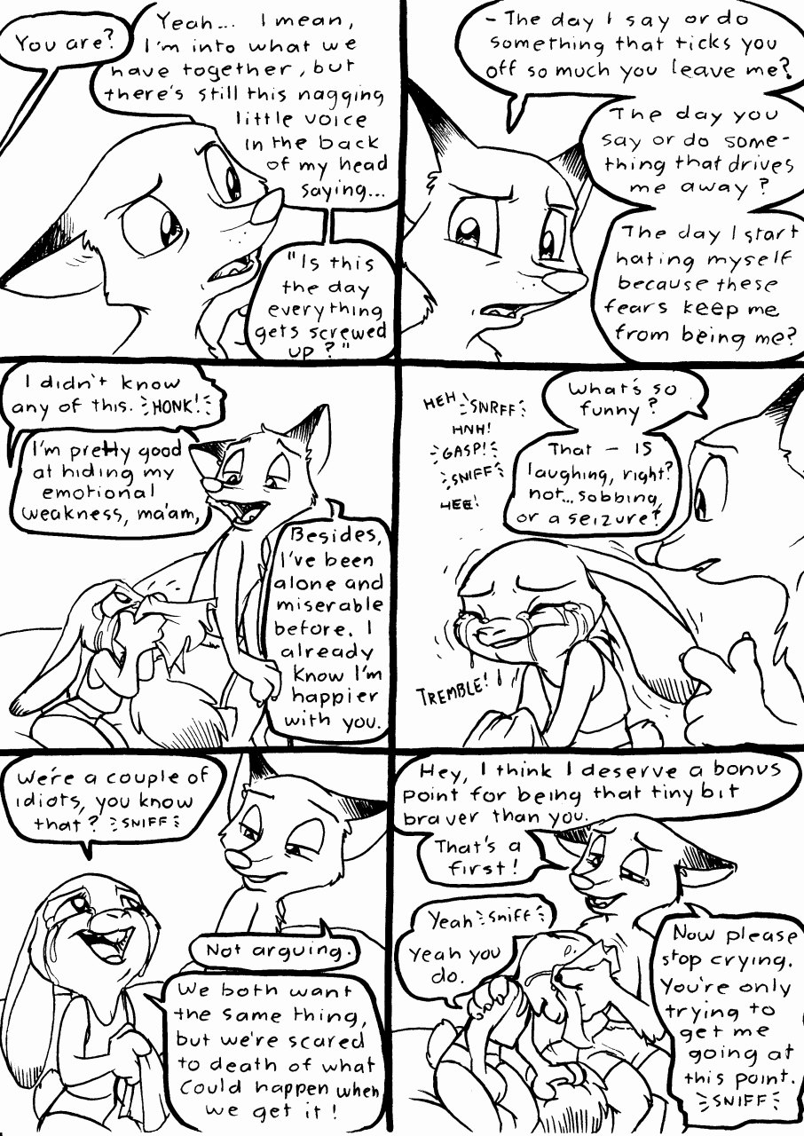2016 anthro bed black_and_white canine clothed clothing comic crying dialogue disney duo english_text eric_schwartz eyes_closed female fox inside judy_hopps lagomorph laugh male mammal monochrome nick_wilde pillow rabbit romantic_couple sitting sound_effects tears text tissue topless zootopia