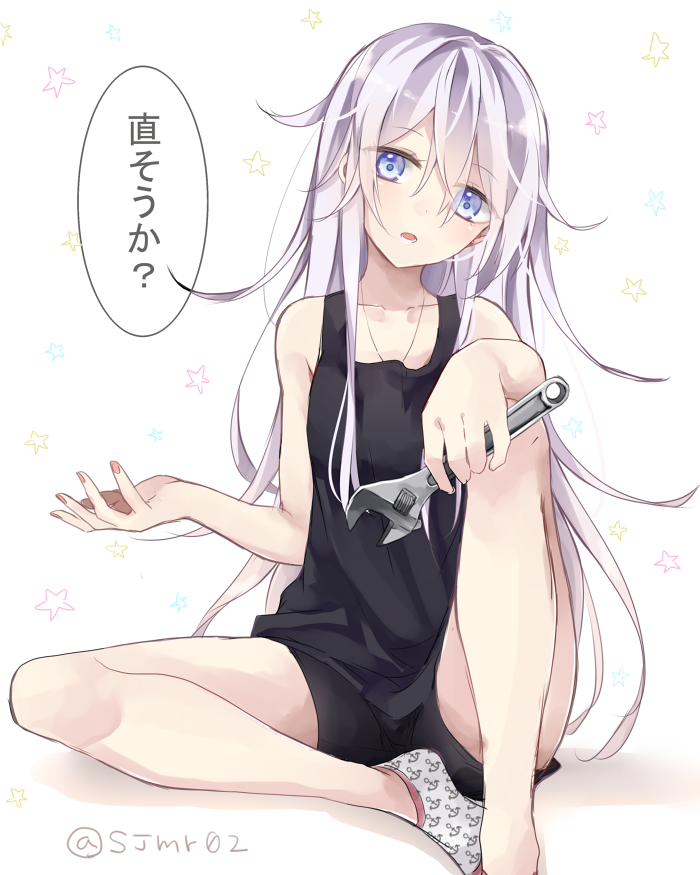 adjustable_wrench alternate_costume bare_shoulders bike_shorts blue_eyes casual check_translation collarbone commentary_request head_tilt hibiki_(kantai_collection) kantai_collection long_hair looking_at_viewer nail_polish no_hat no_headwear open_mouth red_nails shijima_(sjmr02) silver_hair simple_background sitting sleeveless solo spread_legs star starry_background tank_top translated translation_request twitter_username white_background wrench