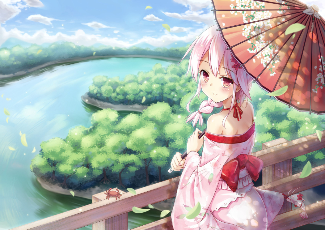 bare_shoulders blue_sky braid cloud crab day floral_print flower forest hair_flower hair_ornament japanese_clothes kimono lake long_hair long_sleeves looking_at_viewer looking_back nature off_shoulder oriental_umbrella personification pink_eyes pink_hair railing revision sash sergestid_shrimp_in_tungkang shimokirin sky smile solo umbrella wide_sleeves xuan_ying