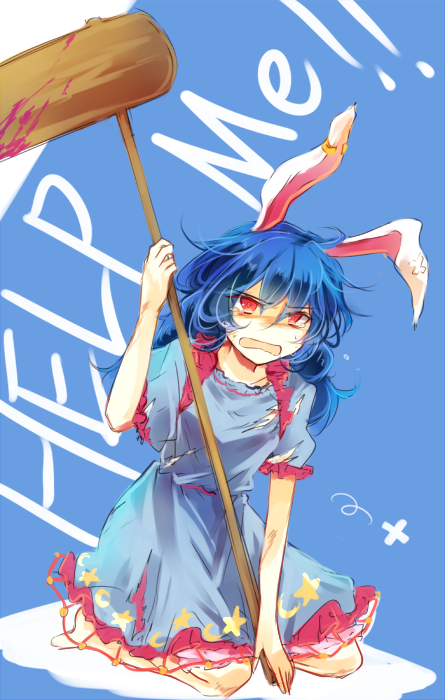 ambiguous_red_liquid animal_ears blue_dress blue_hair bunny_ears commentary crescent crying crying_with_eyes_open dress english full_body kneeling kutsuki_kai looking_at_viewer mallet open_mouth puffy_short_sleeves puffy_sleeves red_eyes seiran_(touhou) shaded_face short_hair short_sleeves solo star sweat tears torn_clothes torn_dress touhou