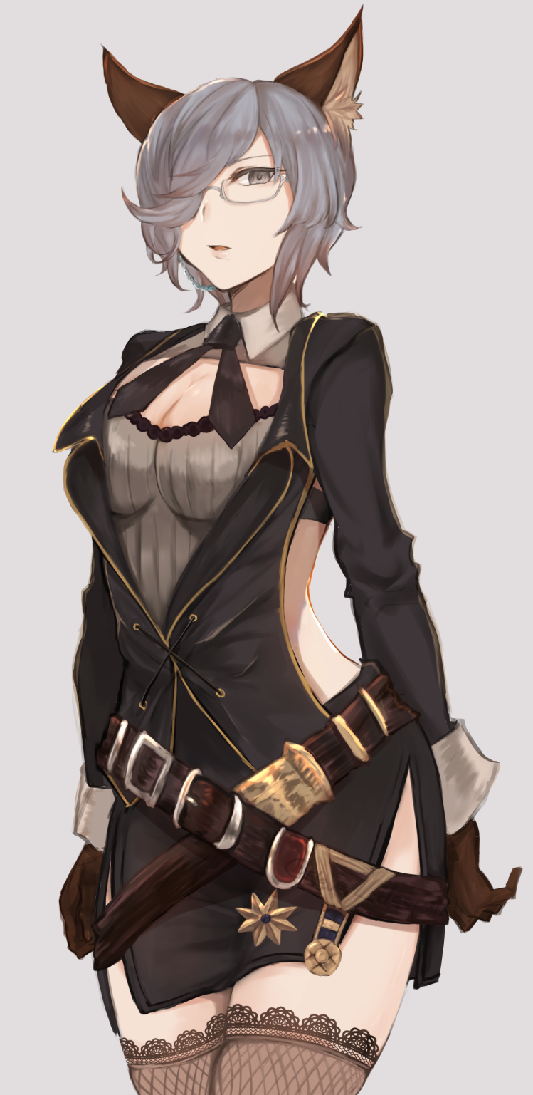 animal_ears arms_at_sides beads beige_background belt black_jacket black_skirt breasts brown_gloves buckle cat_ears cleavage cowboy_shot cravat erune fishnet_legwear fishnets freesia_von_bismarck glasses gloves granblue_fantasy grey_hair hair_over_one_eye highres jacket lace-trimmed_legwear long_sleeves looking_at_viewer medium_breasts moshoko_(mizuneroku) parted_lips pencil_skirt semi-rimless_eyewear short_hair side_cutout side_slit silver_eyes simple_background skirt solo star thighhighs under-rim_eyewear uniform