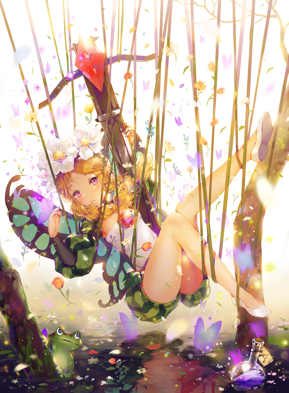 alcohol bad_id bad_pixiv_id blonde_hair bow_(weapon) braid butterfly_wings crossbow dangmill fairy flower frog hair_ornament hat_feather highres ingway_(odin_sphere) long_hair mercedes odin_sphere pointy_ears puffy_sleeves red_eyes solo twin_braids weapon wine wings