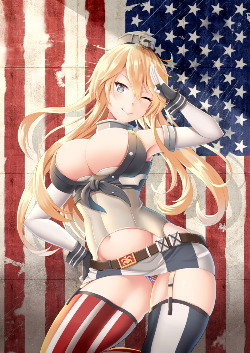 ;q american_flag american_flag_panties bangs belt blonde_hair blue_eyes breasts closed_mouth eyebrows eyebrows_visible_through_hair fingerless_gloves flag_background front-tie_top garter_straps gloves hair_between_eyes hand_on_hip head_tilt headgear iowa_(kantai_collection) kantai_collection large_breasts leaning_to_the_side long_hair looking_at_viewer microskirt mismatched_legwear navel one_eye_closed panties pantyshot pantyshot_(standing) print_panties salute shade skirt skirt_lift smile solo standing standing_on_one_leg star star-shaped_pupils star_print stomach striped symbol-shaped_pupils thighhighs tongue tongue_out underwear vertical_stripes wrist_cuffs zukky