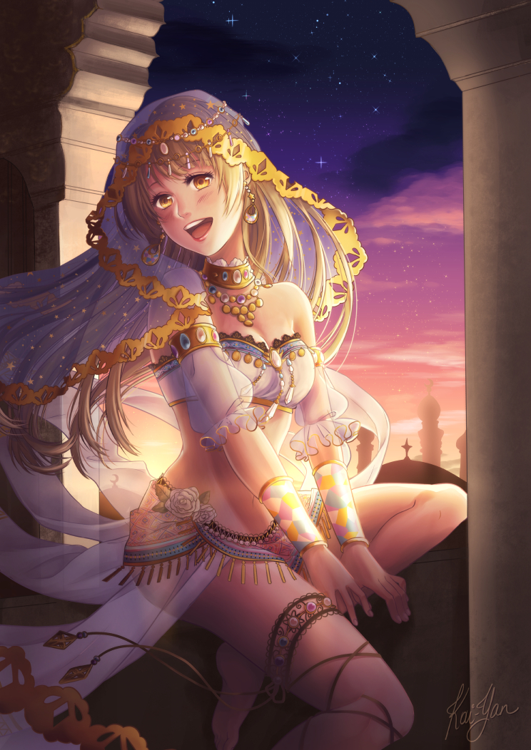 :d arabian_clothes armlet bandeau bangs bare_shoulders barefoot beads blonde_hair blush breasts circlet cloud crescent crop_top cross-laced_legwear detached_sleeves dome earrings eyebrows eyebrows_visible_through_hair eyelashes floating_hair flower frilled_sleeves frills fringe_trim jewelry kai-yan long_hair love_live! love_live!_school_idol_festival love_live!_school_idol_project medium_breasts midriff minami_kotori navel necklace open_mouth pillar puffy_short_sleeves puffy_sleeves red_lips rose see-through shade short_sleeves signature sitting skirt sky smile solo star star_(sky) star_earrings star_print starry_sky strapless string thigh_strap thighlet tower twilight vambraces veil white_flower white_rose wind yellow_eyes