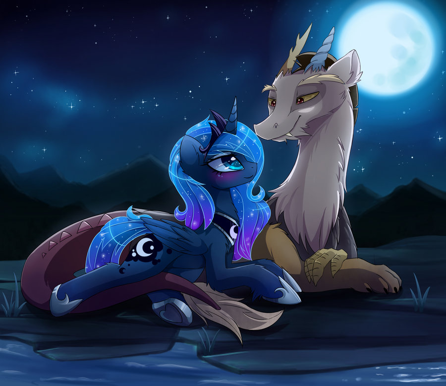 2015 antlers blue_eyes blue_feathers blue_fur blue_hair blush crown cutie_mark discord_(mlp) draconequus duo equine eye_contact fangs feathered_wings feathers female feral friendship_is_magic full_moon fur grass hair hi_res horn jewelry landscape lying lyra-senpai male mammal moon mountain my_little_pony necklace on_front outside princess_luna_(mlp) sky smile star water winged_unicorn wings