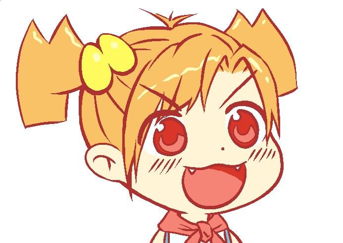 2ch.ru :3 :d artist_request blush chibi dot_nose dvach-tan eyebrows_visible_through_hair fangs flat_color gyate_gyate hair_ornament jpeg_artifacts lightning_hair meme open_mouth orange_hair red_eyes russian_clothes shirt short_hair short_twintails simple_background sleeveless sleeveless_shirt smile solo source_request twintails v-shaped_eyebrows white_background