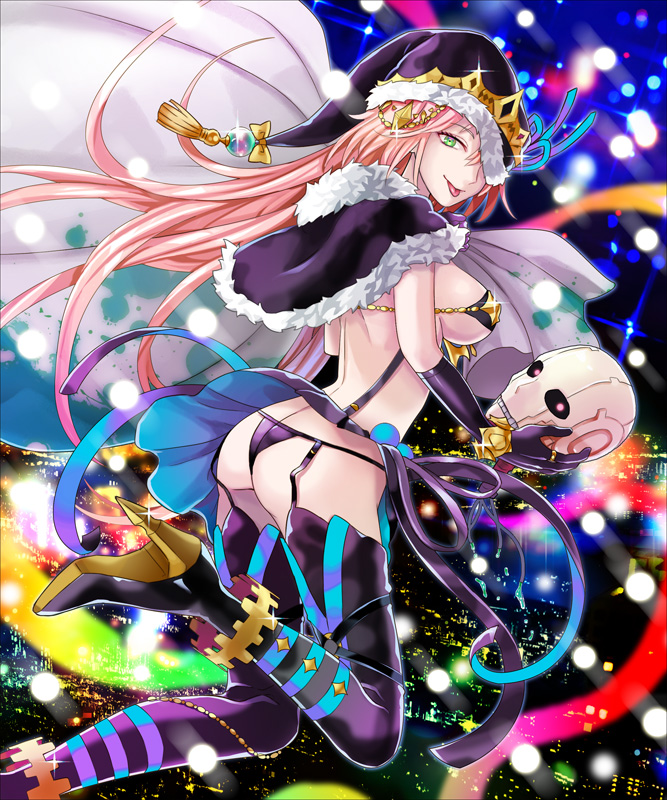 :p argyle ass bangs bikini bow bracelet breasts capelet christmas city diamond elbow_gloves garter_straps gloves glowing glowing_eyes green_eyes hair_between_eyes hat_over_one_eye high_heels holding jewelry kuroi large_breasts leg_up long_hair looking_at_viewer looking_back official_art original pink_hair ring senjou_no_electro_girl severed_head smile solo star striped striped_legwear swimsuit thighhighs thong_bikini tiara tongue tongue_out yellow_bow