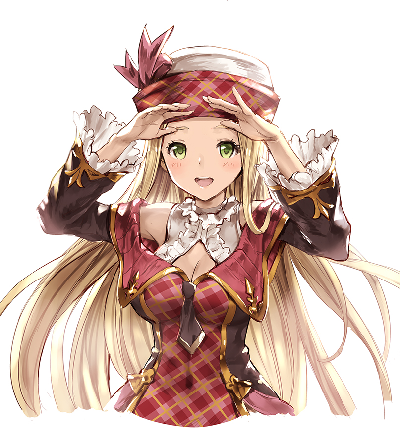 77gl arms_up bad_id bad_pixiv_id blonde_hair bow breasts cleavage cleavage_cutout commentary_request diola_(granblue_fantasy) dress frilled_sleeves frills granblue_fantasy green_eyes hat hat_bow large_breasts long_hair long_sleeves looking_at_viewer open_mouth plaid plaid_shirt shirt simple_background smile solo upper_body very_long_hair white_background wide_sleeves