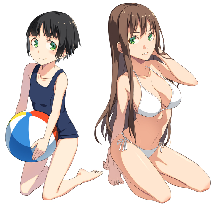 :&gt; ball bangs barefoot beachball bikini black_hair blue_swimsuit blush breasts brown_hair closed_mouth collarbone full_body green_eyes hand_in_hair holding holding_ball kimura_(ykimu) kneeling large_breasts long_hair looking_at_viewer multiple_girls navel one-piece_swimsuit original parted_lips school_swimsuit short_hair sideboob simple_background stomach strap_gap swimsuit white_background white_bikini