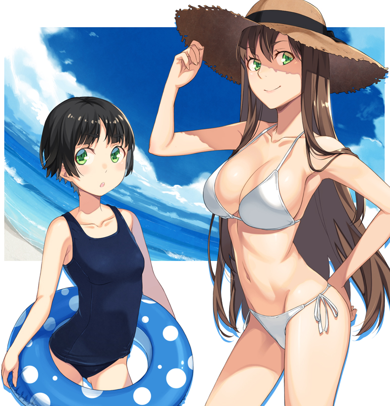 :o arms_at_sides ass_visible_through_thighs bangs beach bikini black_hair black_ribbon blue_sky blue_swimsuit border breasts brown_hair cleavage closed_mouth cloud contrapposto cowboy_shot day eyelashes green_eyes groin hair_between_eyes hand_on_hip hat hat_ribbon holding kimura_(ykimu) large_breasts long_hair looking_at_viewer multiple_girls navel ocean old_school_swimsuit one-piece_swimsuit original ribbon school_swimsuit shade short_hair side-tie_bikini sideboob sky small_breasts smile standing stomach strap_gap straw_hat sun_hat swimsuit white_bikini