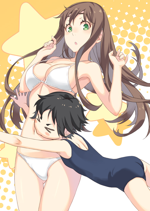 &gt;_&lt; :o ass ass_visible_through_thighs back bangs bikini black_hair blue_swimsuit blush_stickers breasts brown_hair closed_eyes closed_mouth cowboy_shot green_eyes hands_up hug jumping kimura_(ykimu) large_breasts long_hair multiple_girls navel one-piece_swimsuit original outstretched_arms polka_dot pouncing school_swimsuit short_hair small_breasts star stomach strap_gap surprised swimsuit thigh_gap two-tone_background white_bikini yellow_background