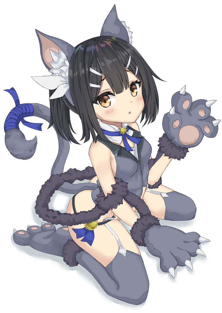 1girl animal_ears bangs bare_shoulders bell bell_collar black_hair blue_ribbon blush breasts cat_ears cat_paws cat_tail claws collar fate/kaleid_liner_prisma_illya fate_(series) garter_straps gloves grey_gloves grey_legwear grey_vest hair_ornament hair_ribbon hairclip hips jingle_bell lazupeace long_hair looking_at_viewer miyu_edelfelt neck_ribbon open_mouth paw_gloves paw_shoes paws ribbon shoes simple_background sitting sleeveless small_breasts solo tail thighhighs thighs twintails vest wariza white_background white_ribbon yellow_eyes