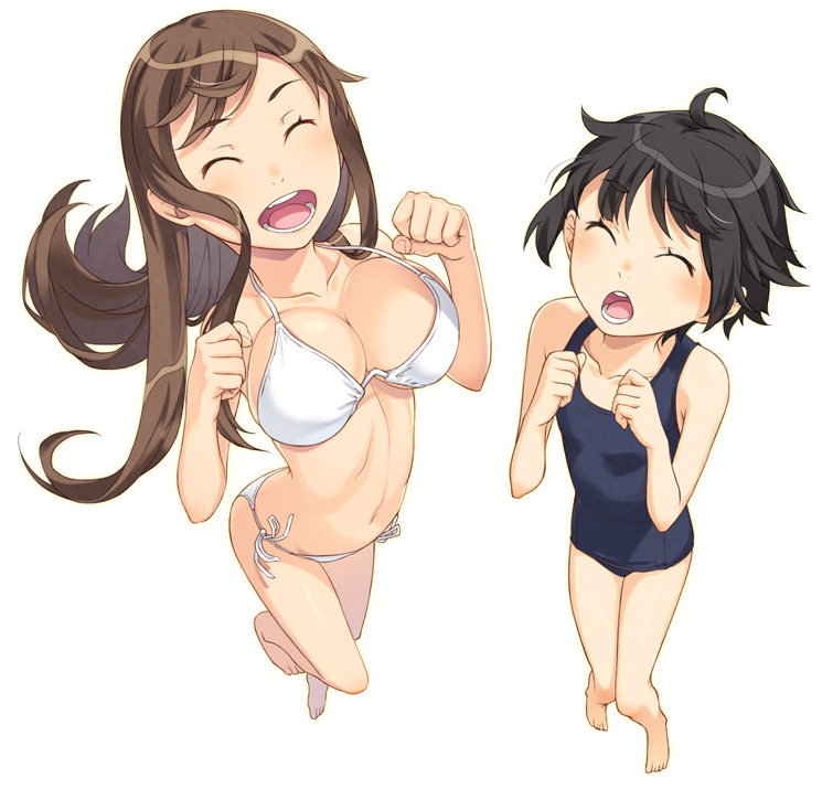 ^_^ bangs barefoot bikini black_hair blue_swimsuit breasts brown_hair cleavage clenched_hands closed_eyes eyebrows eyebrows_visible_through_hair floating_hair full_body jumping kimura_(ykimu) knees_together_feet_apart large_breasts long_hair multiple_girls navel one-piece_swimsuit original school_swimsuit short_hair side-tie_bikini simple_background small_breasts stomach strap_gap swimsuit white_background white_bikini