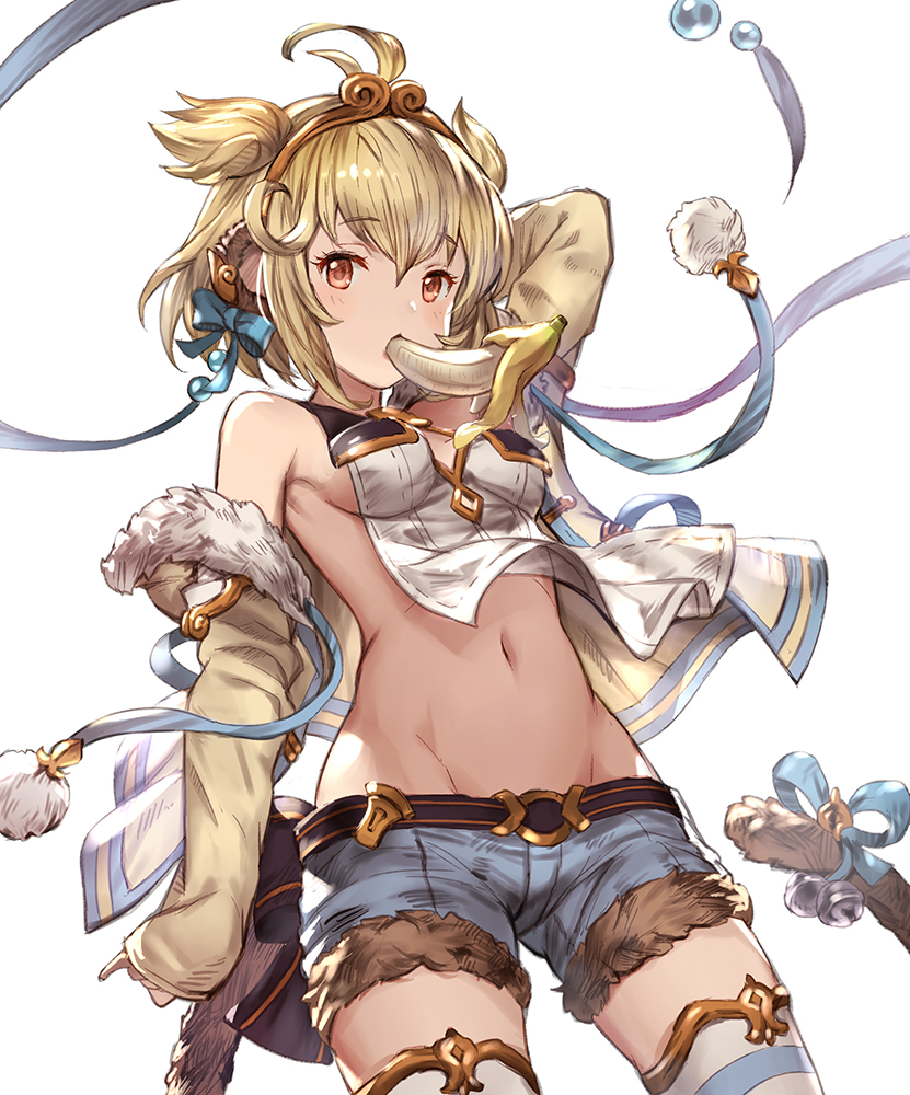 77gl ahoge andira_(granblue_fantasy) animal_ears arm_warmers bad_id bad_pixiv_id banana bell blonde_hair blue_ribbon breasts eating erune food food_in_mouth fruit granblue_fantasy groin hairband jingle_bell looking_at_viewer medium_breasts monkey_ears monkey_tail mouth_hold navel red_eyes ribbon short_shorts shorts sideboob simple_background solo tail tail_bell tail_ribbon thighhighs white_background