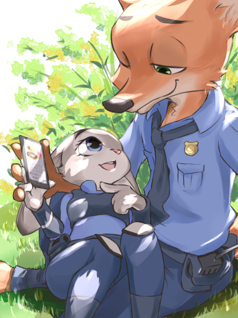 bunny disney eye_contact fox furry judy_hopps looking looking_at_another looking_at_each_other lying lying_on_lap nick_wilde no_humans outdoors pointing police police_uniform smartphone uniform zootopia