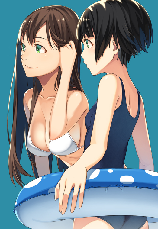 arms_at_sides ass back bangs bikini black_hair blue_background blue_swimsuit blush breasts brown_hair cleavage closed_mouth collarbone green_eyes hair_tucking holding innertube kimura_(ykimu) large_breasts leaning_forward long_hair multiple_girls one-piece_swimsuit original polka_dot profile school_swimsuit short_hair sideboob simple_background small_breasts smile strap_gap swimsuit white_bikini