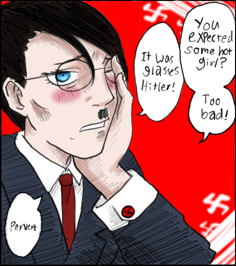 adolf_hitler black_suit blush collared_shirt commentary dress_shirt english english_commentary facial_hair formal glasses imageboard krautchan long_sleeves male_focus meme mustache necktie one_eye_closed practical-hetalia real_life red_background red_neckwear shirt simple_background solo speech_bubble suit swastika too_bad!_it_was_just_me! upper_body white_shirt wing_collar