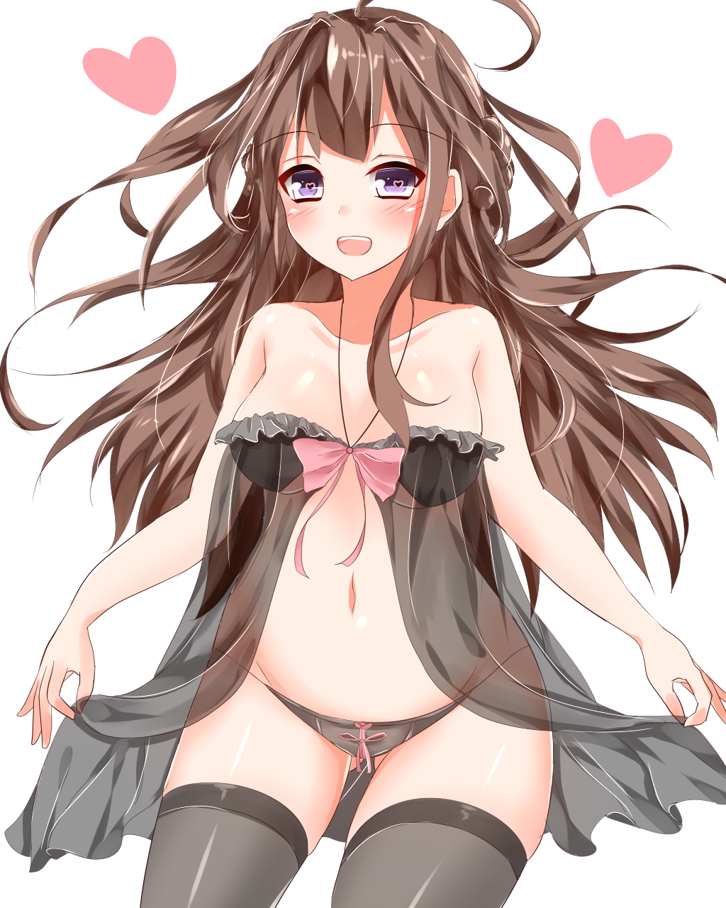 ahoge ass_visible_through_thighs babydoll black_legwear black_panties blush bow bowtie breasts brown_hair collarbone contrapposto double_bun eyebrows eyebrows_visible_through_hair groin heart heart-shaped_pupils highres kantai_collection kongou_(kantai_collection) large_breasts lingerie long_hair looking_at_viewer navel panties pikacchi pink_bow pink_neckwear purple_eyes see-through simple_background solo standing stomach symbol-shaped_pupils tareme thighhighs underwear very_long_hair white_background