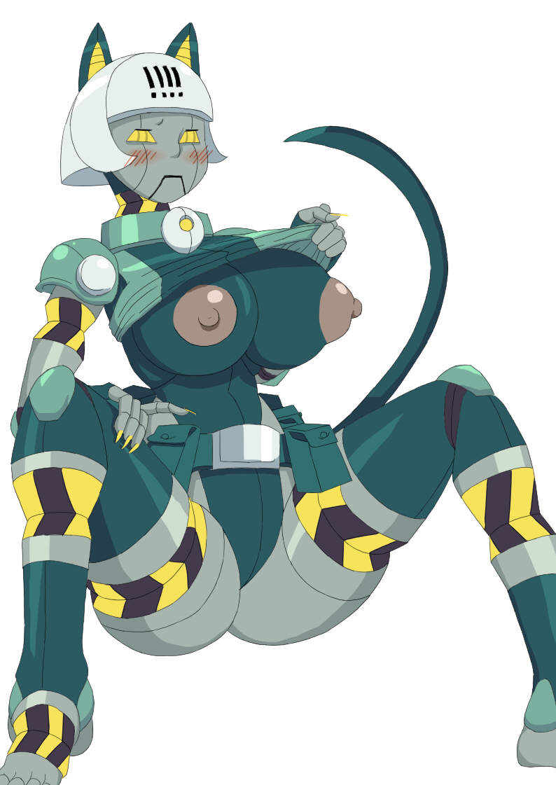 animal_humanoid big_breasts blush breasts cat_humanoid claws clothed clothing clothing_lift feline female huge_breasts humanoid machine mammal nipples robo-fortune robot shirt shirt_lift skullgirls solo spread_legs spreading yellow_eyes りんご酢