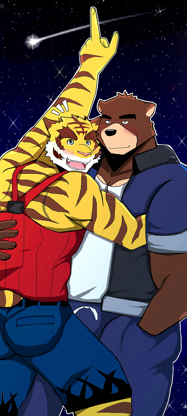 2016 abs anthro bear bearlovestiger13 biceps bulge butt clothed clothing duo feline fur hug hugging_from_behind jacket juuichi_mikazuki male male/male mammal meteor_shower morenatsu muscular nigh_fall open_mouth pecs shooting_stars star tiger tongue torahiko_(morenatsu)