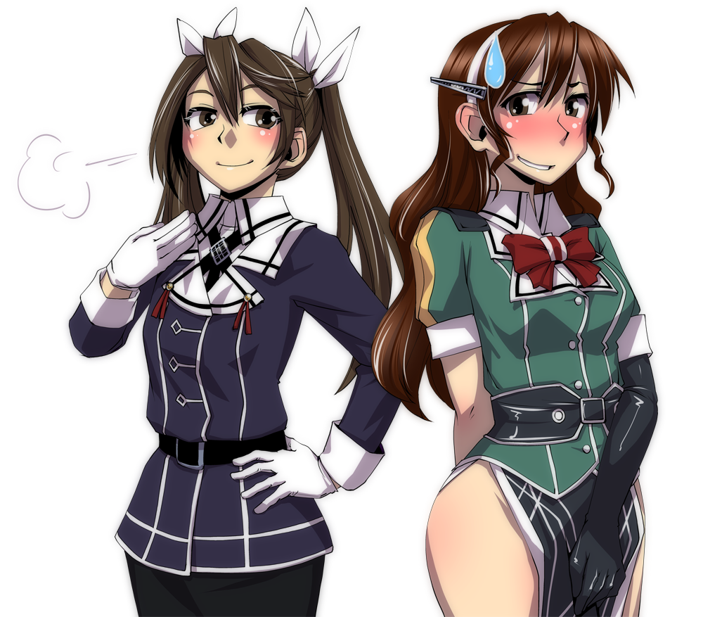 ashigara_(kantai_collection) ashigara_(kantai_collection)_(cosplay) belt black_gloves blush breasts brown_eyes brown_hair buttons cosplay costume_switch elbow_gloves gloves hair_between_eyes hair_ribbon hairband hand_on_hip horned_headwear jacket kamotama kantai_collection long_hair long_sleeves looking_at_viewer looking_to_the_side medium_breasts multiple_girls pelvic_curtain remodel_(kantai_collection) ribbon side_slit simple_background single_elbow_glove single_glove skirt skirt_tug smile sweatdrop thighs tone_(kantai_collection) tone_(kantai_collection)_(cosplay) twintails uniform wavy_hair white_background white_gloves white_ribbon