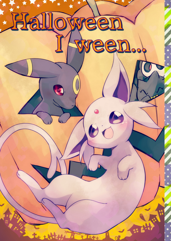 abstract_background ambiguous_gender banette duskull eeveelution english_text espeon feral group halloween happamushi holidays nintendo pok&eacute;mon purple_eyes red_eyes tagme text umbreon video_games