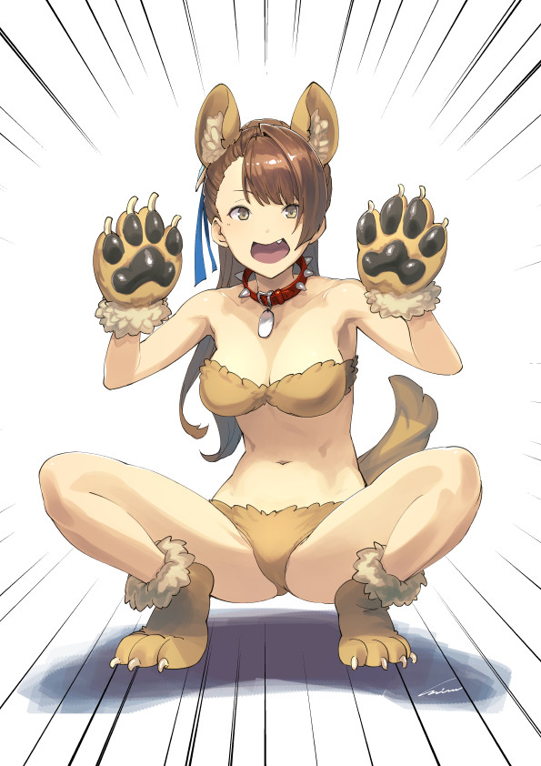 animal_ears bare_shoulders beatrix_(granblue_fantasy) bikini breasts brown_eyes brown_hair claws collar dog_collar dog_ears dog_paws dog_tail fang gloves granblue_fantasy hair_ornament long_hair looking_at_viewer medium_breasts navel open_mouth paw_gloves paw_shoes paws ponytail shimotsuki_eight shoes signature solo spiked_collar spikes spread_legs squatting swimsuit tail