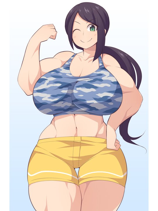 abs blush breasts gradient gradient_background green_eyes gym_uniform hand_on_hip huge_breasts idolmaster idolmaster_cinderella_girls long_hair muscle muscular_female one_eye_closed ponytail shorts smile solo thick_thighs thighs tight ushi yamato_aki