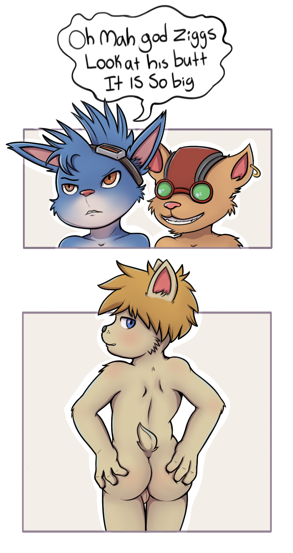 annoyed anthro baby_got_back backsack balls blush comic dialogue english_text eyewear goggles goggles_on_forehead grin group holding_butt kennen_(lol) league_of_legends looking_at_viewer looking_back male male/male mammal nude rumble speech_bubble stare text video_games yordle zaxstar ziggs