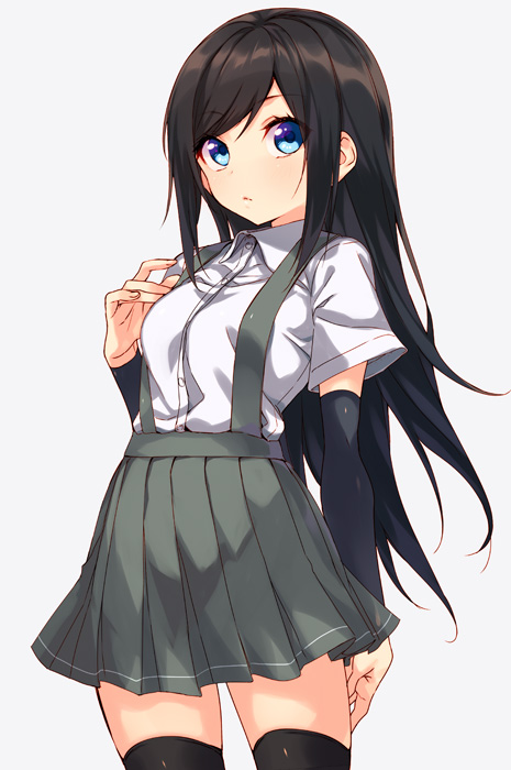 arm_behind_head arm_warmers asashio_(kantai_collection) bangs banned_artist black_hair black_legwear blouse blue_eyes hair_between_eyes hand_on_own_chest kantai_collection long_hair looking_at_viewer pleated_skirt school_uniform short_sleeves skirt solo suisen suspenders swept_bangs thighhighs white_blouse